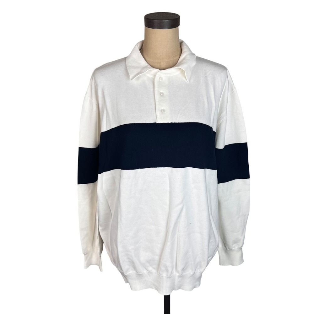 Pomander Place Womens Large White Navy Striped Long Sleeve Knit Polo Sweater